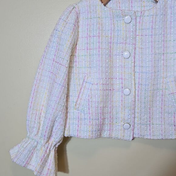 Janie & Jack Tweed Ruffle Sleeve Cropped Jacket Pastel Size 3 Dressy Preppy Luxe - Picture 8 of 14